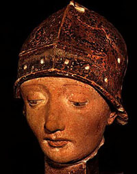 Painted sandstone head of Joan of Arc