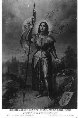 1909 French postcard depicting Joan in armor holding her 
<P> 
banner