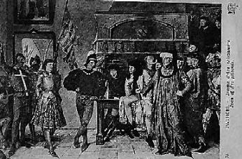 postcard depicting the imprisoned Joan standing before the Duke 
of Burgundy