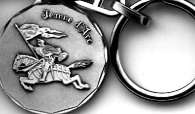 front side of an imported St. Joan medal/keychain