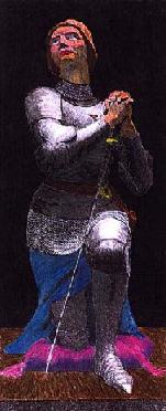 original colored picture of Saint Joan kneeling on a pillow