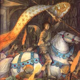 Joan in white armor holding her burning banner